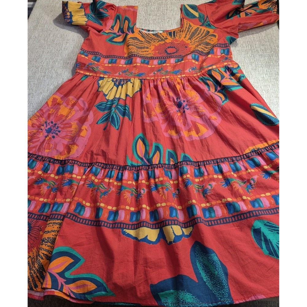 Maude Vivante Aria Red Floral Abstract Cotton Poplin Tiered Puff Sleeve Dress XL